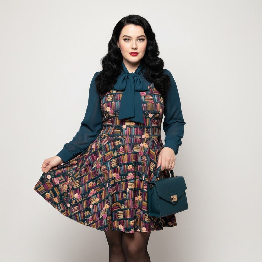 Plus Size Dark Academia Bookshelf Print Skater Dress